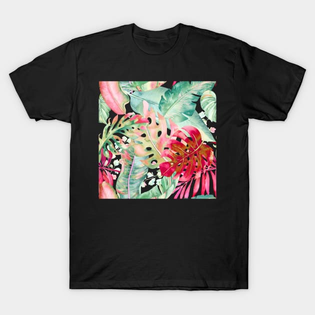 Sage Green and Red Tropical Foliage Pattern T-Shirt by PixDezines